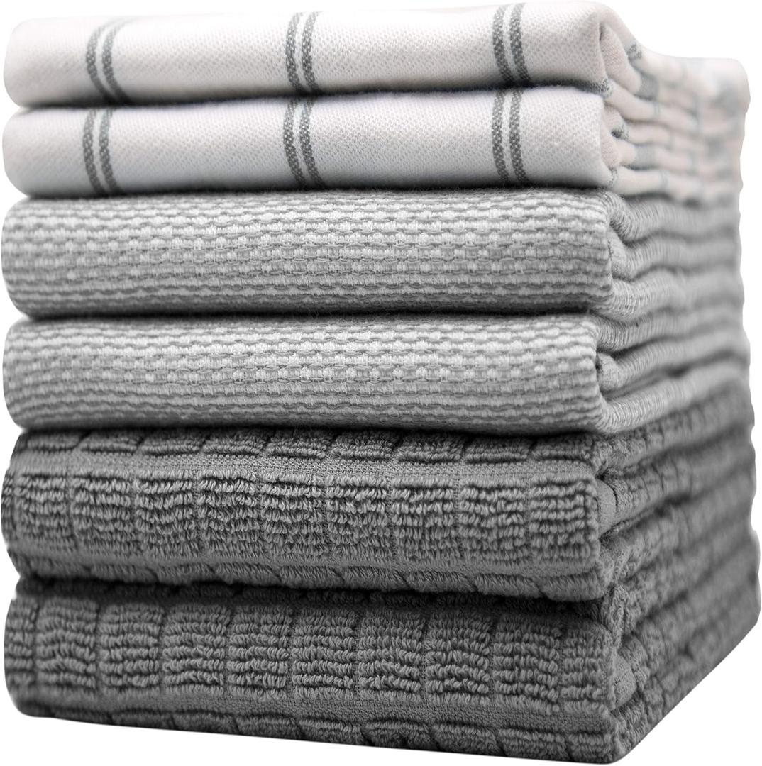 Premium Kitchen Towels (20x 28, 6 Pack) | Large Cotton Dish Towels | Flat & Terry Highly Absorbent Kitchen Linen Set with Hanging Loop | Grey Check