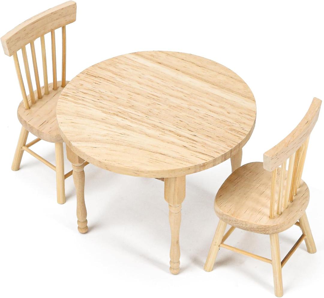 1/12 Miniature Dollhouse Round Table and 2 Chairs Dining Set, Mini Wooden Unpainted Burlywood Barbie Kitchen Furniture Accessories