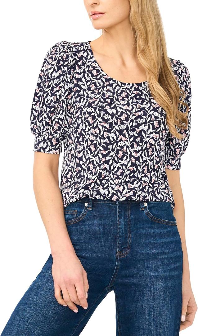 CeCe Women's Short Sleeve Printed Crew Neck Knit Top (XS)