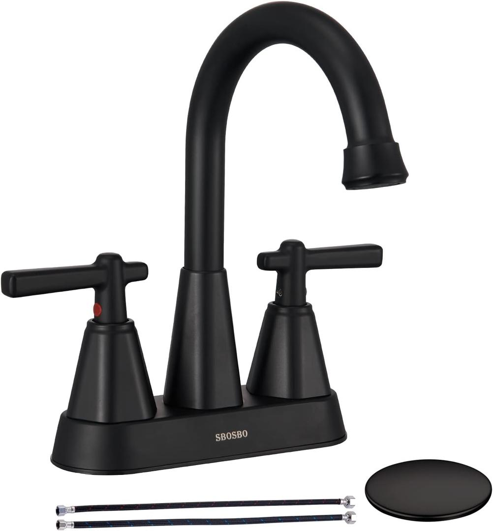 Matte Black Bathroom Sink Faucet, SBOSBO 4 Inch Bathroom Faucet for Sink 3 Hole, 2 Handle Centerset with Pop Up Drain Assembly and 2 Water Supply Hoses for RV Vanity