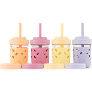Elk and Friends Kids + Toddler Glass Cups | The Original 8oz Glass Mason Jar with Sleeves + Lids | Silicone Straws + Stopper | Smoothie Cup | Food Storage | Spill Resistant | Dishwasher Safe | 4 Pack (Blush/Lilac/Peach/Lemon)