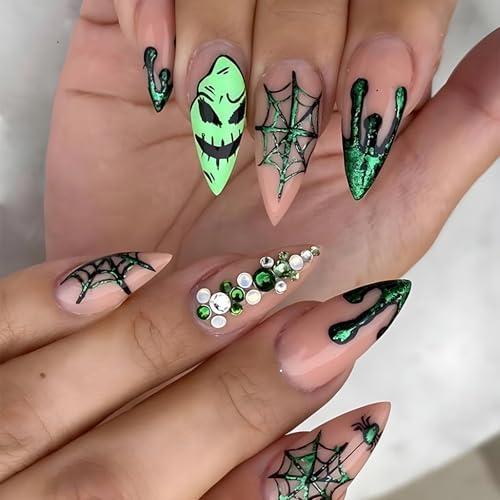 Halloween Press on Nails Almond Fake Nails Green Ghost Spiderweb False Nails with Green Glitters Rhinestones Blood Designs Glossy Halloween Medium Length Acrylic Glue on Nails for Women and Girls, Set of 4
