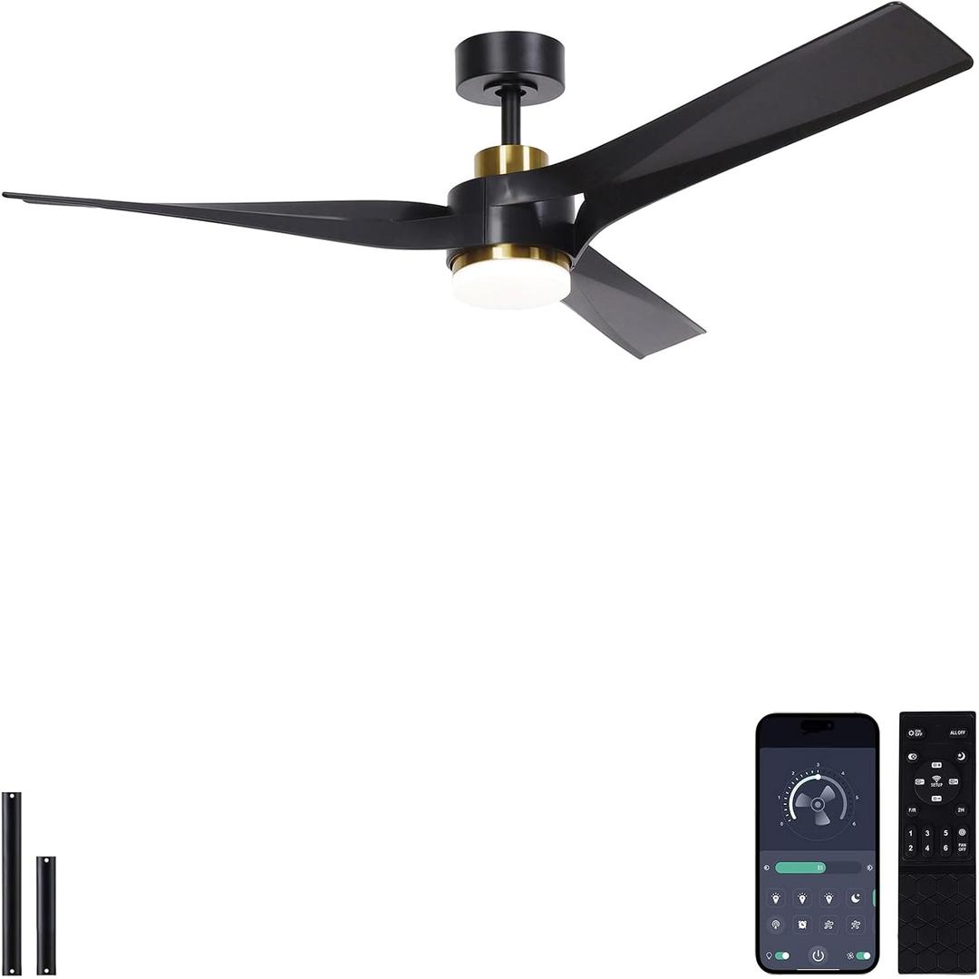 56" Ceiling Fan with Lights, DC Motor, App Control, Black Gold | Bluetooth app and remote, Dimmable LED memory, 7500 CFM high airflow, Quiet pure copper motor, Sloped ceiling compatible