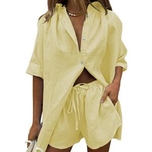 Fixmatti Women 2 Piece Outfits Long Sleeve Button Down Blouse and Shorts Sweatsuit Sets (Large, Z-buds Yellow)