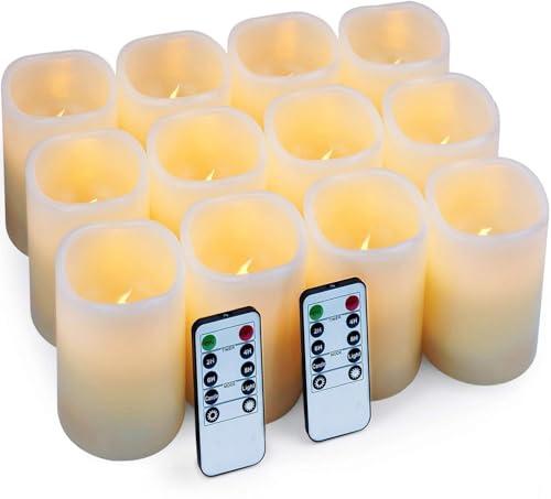 Hausware Flameless Candles Battery Operated Candles Set of 12 (D: 3" x H: 4") Real Wax Pillar Flickering Candles LED Flameless Candles with Remote and Timer Control (Ivory Color)
