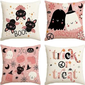Halloween Throw Pillow Covers 18 x 18 inch, Set of 4 Decorative Pillow Cases for Sofa with Pumpkin and Bat Patterns