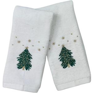 Serafina Home Luxury Holiday Christmas Fingertip Towel Set, Decorated Embroidered Rustic Holiday Tree Under The Stars, Velour Terry Cotton White, Set of 2