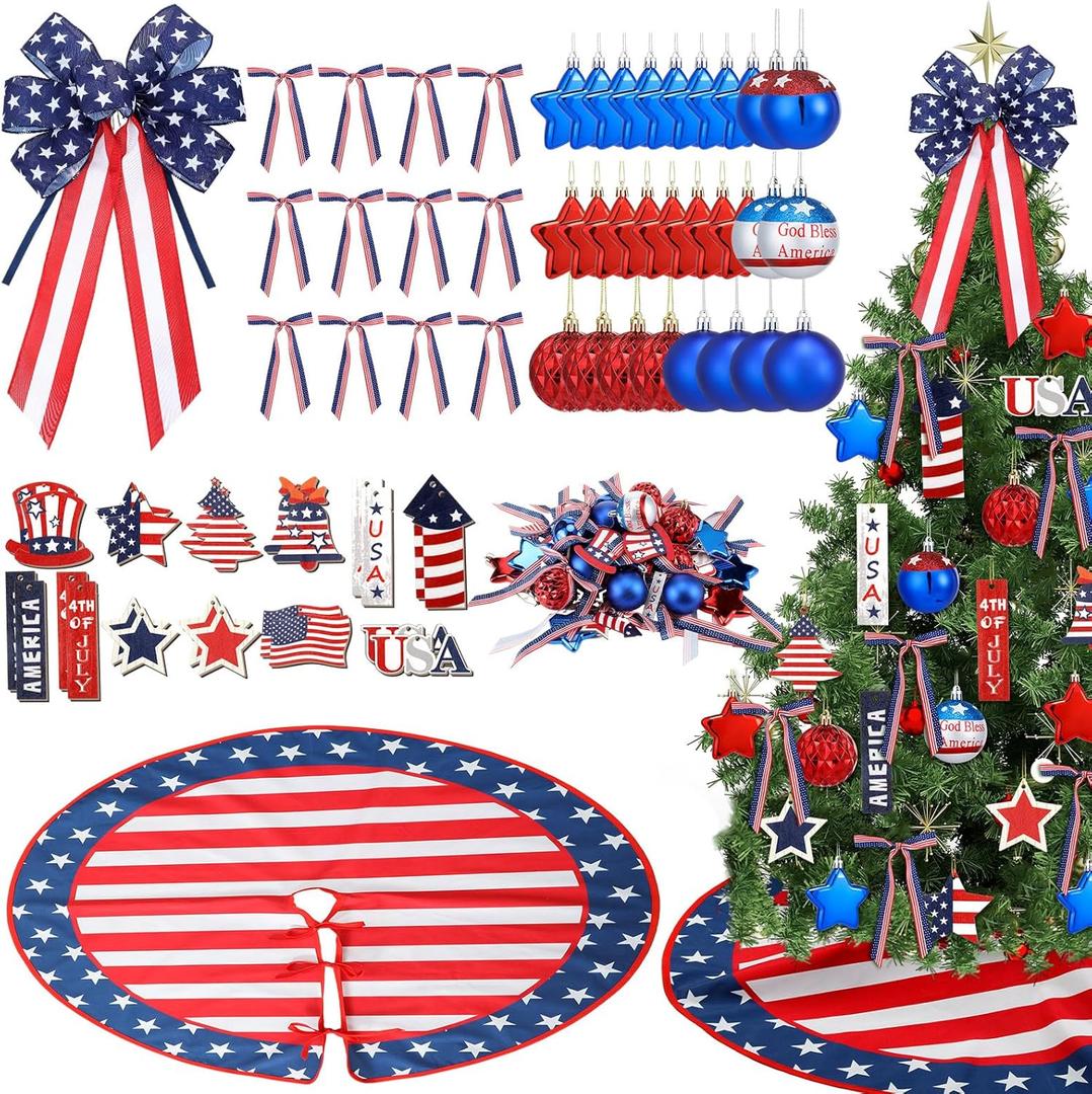 Seematn 78 Pcs Patriotic Christmas Tree Decorations Red White Blue Holiday Ornament Kit with Bows Balls Wooden Hanging Ornament Tree Skirt American Flag Xmas Decor for Christmas Patriotic Party