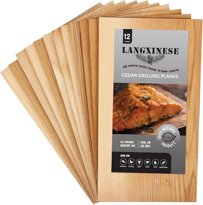 Langxinese Bigger 12 PK, Cedar Planks for Grilling Salmon,11"x 5.5" Better Smoking, Add Best Smoky Flavor to Salmon, Veggies, Restaurant Quantity