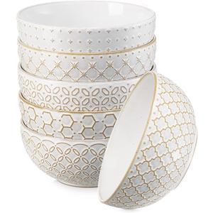 DOWAN Soup Bowls Set of 6, 26 OZ Cereal Bowls for Kitchen, 6" Ceramic Embossment Bowl for Salad, Pho, Fruits, Rice, Large Bowls Decor & Housewarming Gift, Dishwasher & Microwave Safe