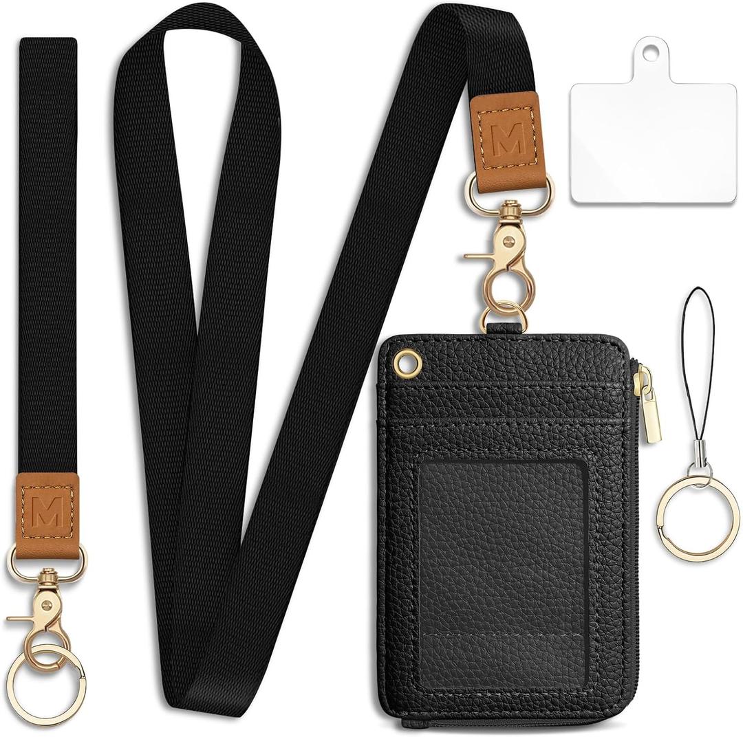 Lanyard Wallet with Id Badge Holder, Black RFID Small Keychain Wallet Women Wristlet, Minimalist Zipper Credit Card Holder Phone Wrist Neck Strap for Key Name Tag, Teacher Student Office Gift