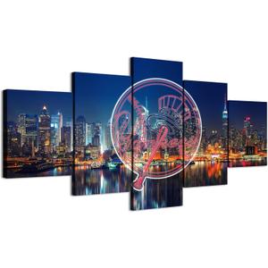 Colorful city night scene and Yankees neon signs in New York (60X100CM/5PCS-FRAMED) Baseball Poster Canvas Print Wall Art for Home and Office Decor