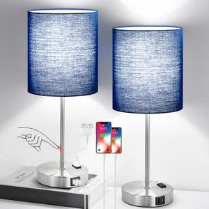 Set of 2 Touch Control Table Lamps with 2 USB & AC Outlet, 3-Way Dimmable Bedside Nightstand Lamps for Bedroom Living Room Nursery, 800 Lumens 5000K Daylight Bulbs Included (Navy & Brushed Nickel(Base)-Two 5000K Bulbs Included)