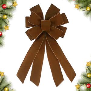 Christmas Wreath Bow 20 x 11 Inches Large Christmas Bows Brownish Camel Velvet Bow Winter Farmhouse Bow Xmas Tree Topper Ornament Bow for Home Front Door Decorations
