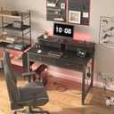 Lufeiya Small Desk with Drawers for Home Office Bedroom, 31 inch Black Writing Study Desks with Fabric Drawers Storage, Gaming Desk Table with Power Outlet & Monitor Stand, Black, 31.5"