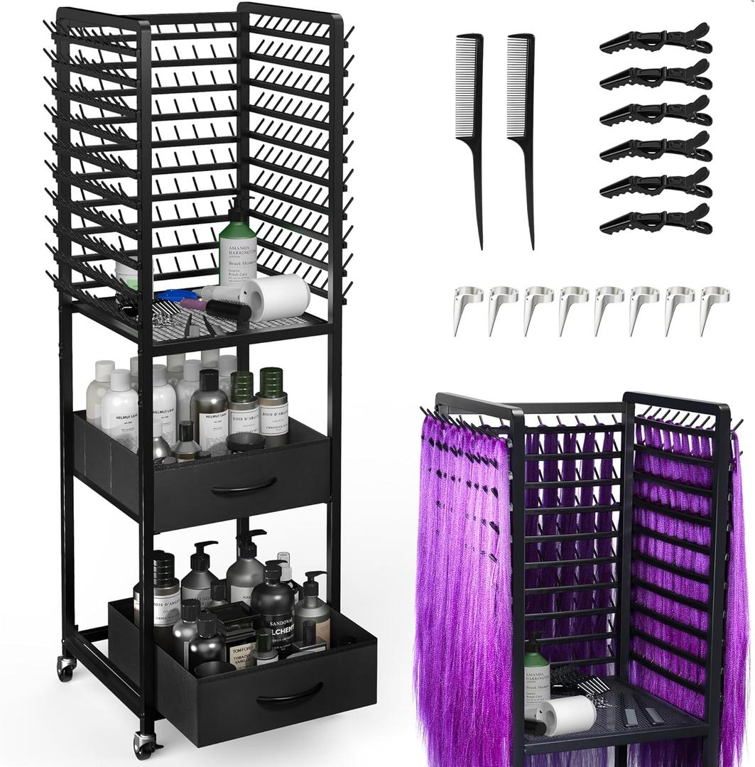 300 Pegs Braiding Rack with Large Drawers, 3-Sided Hair Rack with Wheels and 16 Braiding Tools, Hair Extension Holder 52 Inch Height for Hair Salon, Home