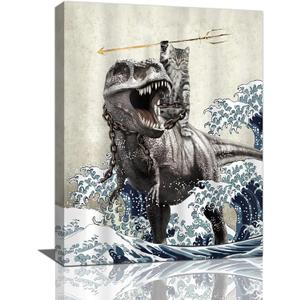 Mecowcm Funny Dinosaur Cat Wall Art Dinosaur Cat Bathroom Decor Pictures Canvas Print Vintage Ocean Waves Painting Artwork Deocration For Office Bathroom Bedroom Living Room 12"x16"