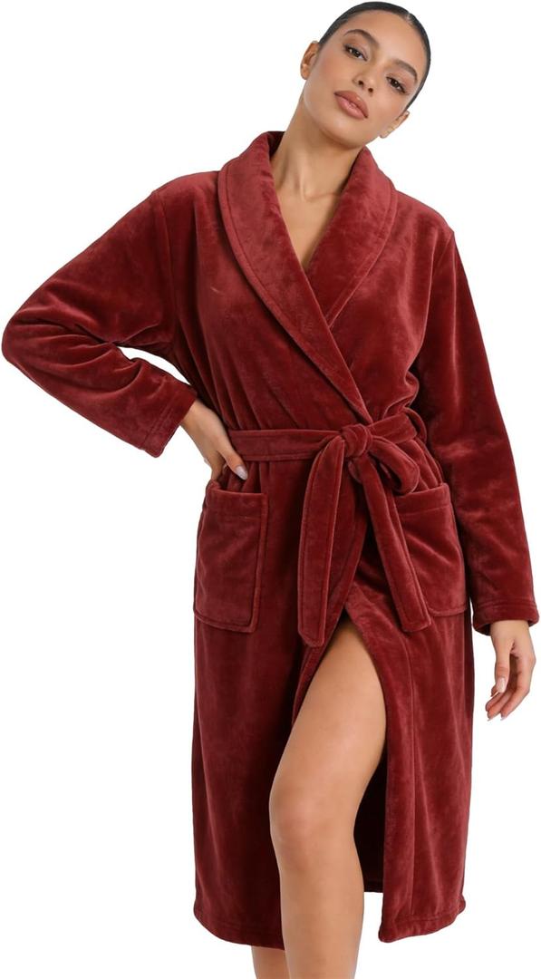 HEARTNICE Womens Fleece Robes, Soft Plush Long Bathrobe, Thick Kimono Robes for Womens, Warm House Coat (Small-Medium, Wine)
