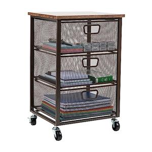 Mind Reader 3 Drawer Storage Organizer with Wood Top, Rolling Office Organizer Cabinet with Wheels, Office, Metal Mesh, Black