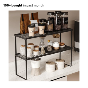 Expandable Cabinet Shelf Organizer, 2 Pack Stackable Kitchen Counter Shelf Riser, Metal Spice Rack Adjustable Heavy Duty Countertop Organizer Storage for Kitchen, Pantry, Cupboard, Rv (Black)