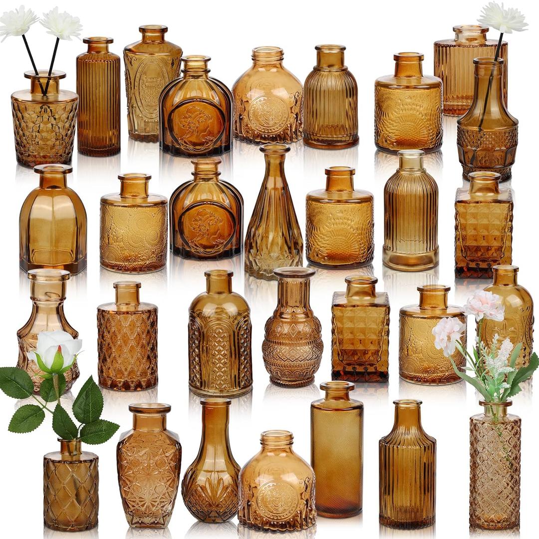 Bud Vase Set of 30 in Bulk Amber Glass Bud Vase 30 Pack Bud Vases for Centerpieces Vintage Amber Mini Flower Vases for Home Centerpieces Wedding Decorations