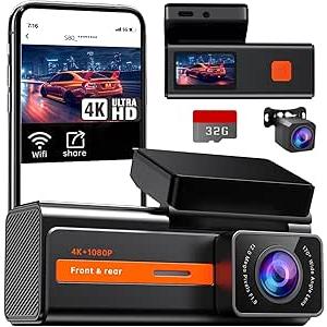 Dash Cam Front and Rear Camera, Veement 4K Dash Cam, Car Dash Camera 4K+1080P with 1.47” Display, 170°Wide, Night Vision,24H Parking, G-Sensor,Loop Recording with Free 32G Card Dashcam
