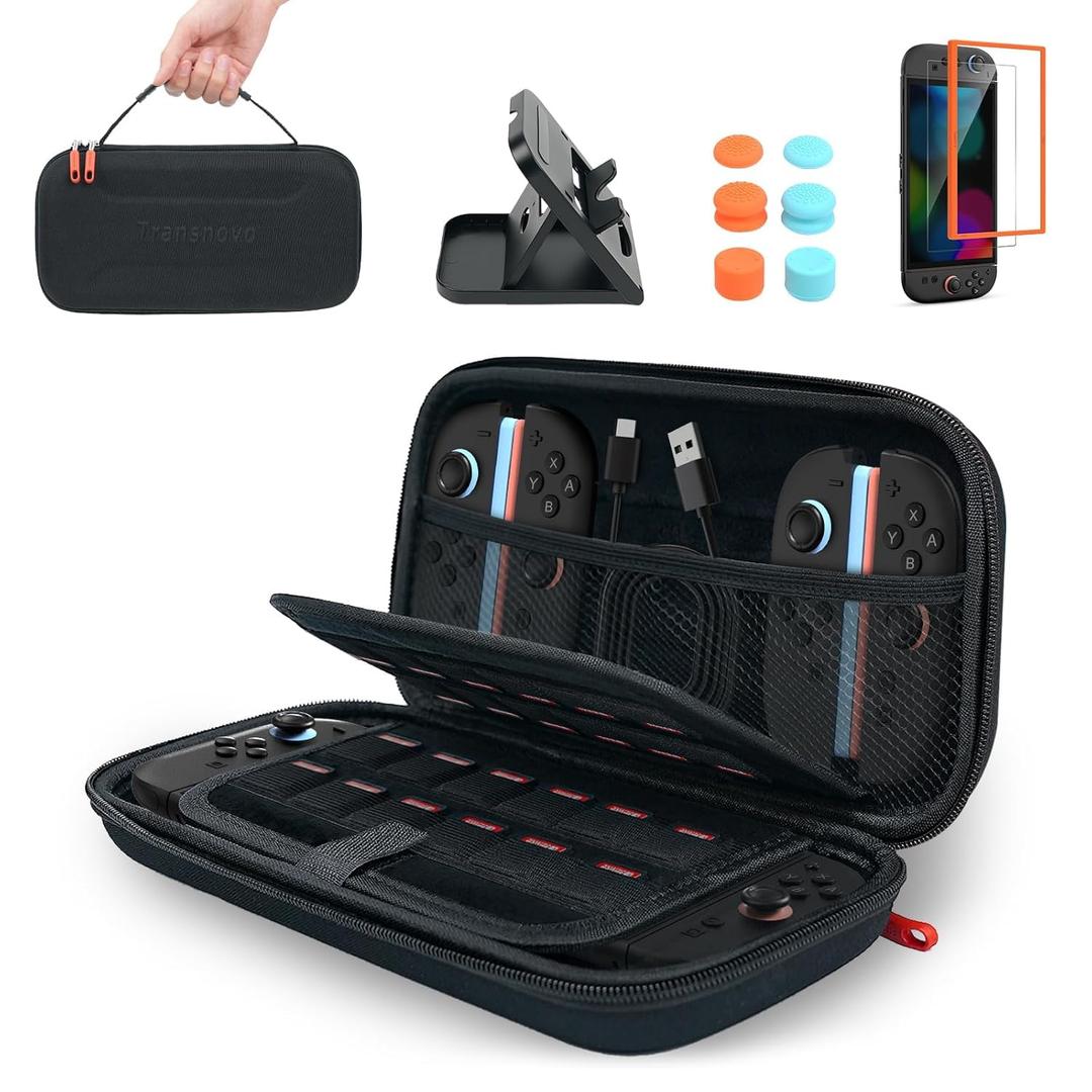 TRANSNOVO Carrying Case for Nintendo Switch 2 2025 - Travel Case with 24 Game Card Slots for Switch 2, All in One Cases Accessories Bundle with Screen Protector, 6 Thumb Grip, Stand, Pouch for Console