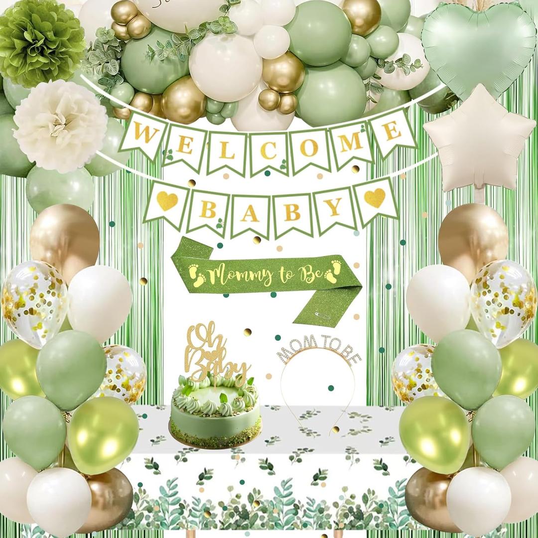 Baby Shower Decorations, Sage Green Woodland Gender Neutral Baby Shower Decor with Welcome Baby Banner, Balloons, Fringe Curtain Tablecloth, Sash Tiara, Pom Poms, Gender Reveal Bday Party Decorations