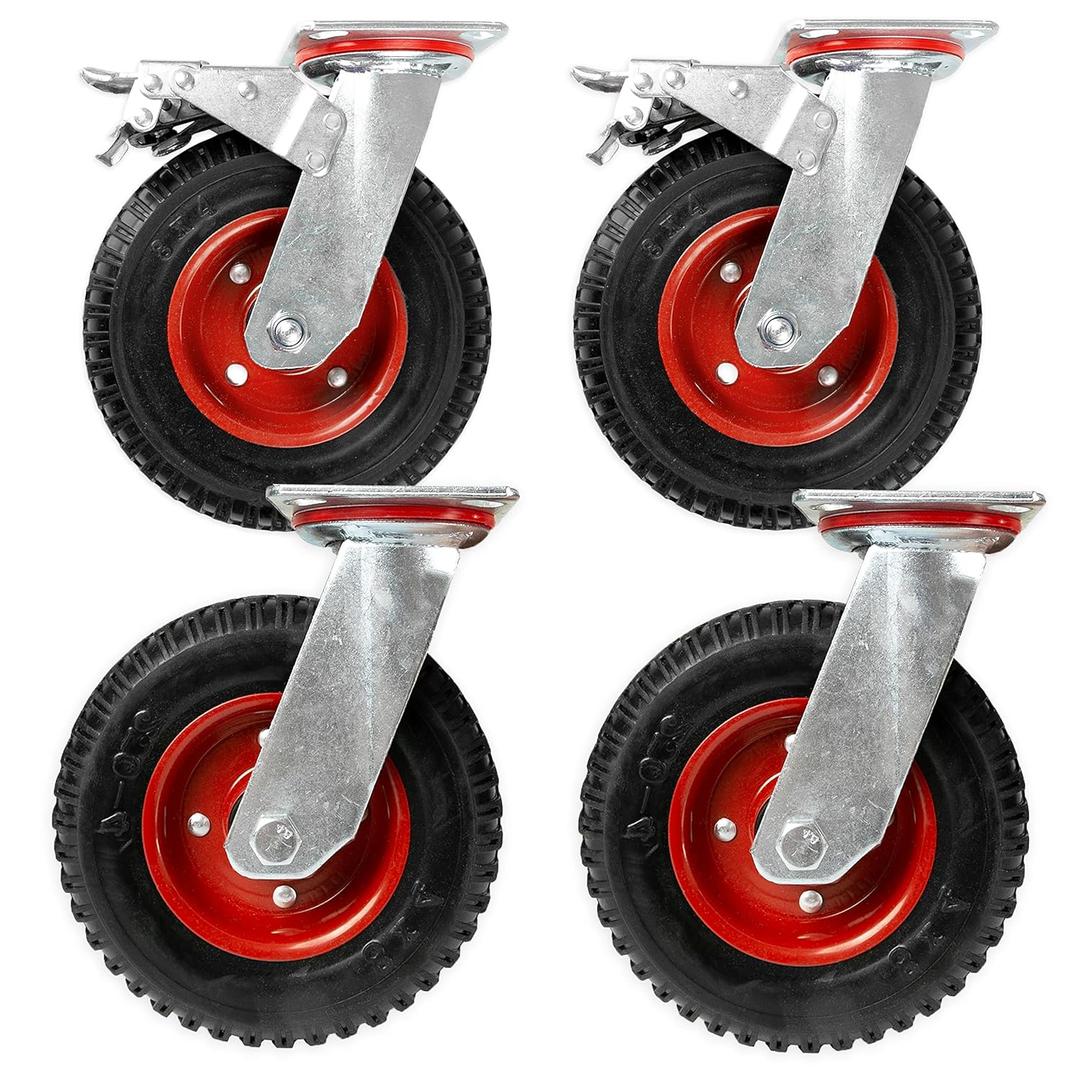 8 Inch Heavy Duty Swivel Knobby Casters Set of 4, 7-7/8"Diameter, PU Knobby Tread Heavy Duty Wheels, Swiveling Bases, Two Casters with Brakes, Two Without, Stainless & Red