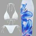 ZAFUL Womens 3pcs Swimsuit Floral Halter Triangle Bikini Top Tie Side Bottom with Long Sheer Cover Up Skirt (L)
