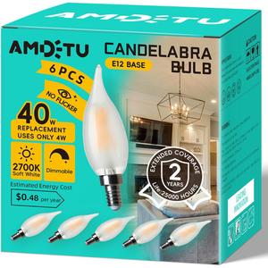 AMDTU E12 40 Watt Equivalent Frosted Small Base LED Bulb Candelabra Candle CA10 Dimmable Chandelier Light Ideal for Dining Rooms Living Rooms and bedrooms Long Lasting Light for Cozy Settings (6 Count (Pack of 1), 4w=40w 2700k Soft White)