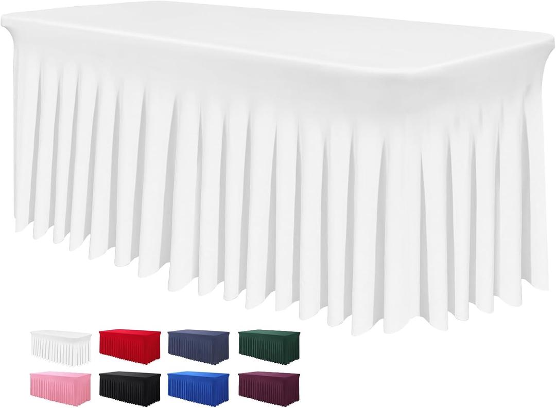 BDDC Table Skirts for Rectangle Tables 6ft - One-Piece White Tablecloths and Skirt, Wrinkle Resistant Ruffles Elastic Cover for Banquets, Weddings, Events, Parties