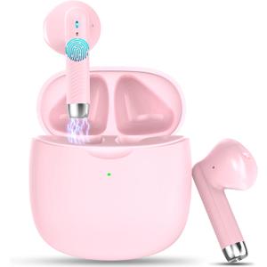 Wireless Earbuds, Bluetooth 5.4 Headphones in Ear with Noise Cancelling Mic, Bluetooth Earbuds Stereo Bass, IP7 Waterproof Sports Earphones, 32H Playtime USB C Charging Ear Buds Pink for Android iOS