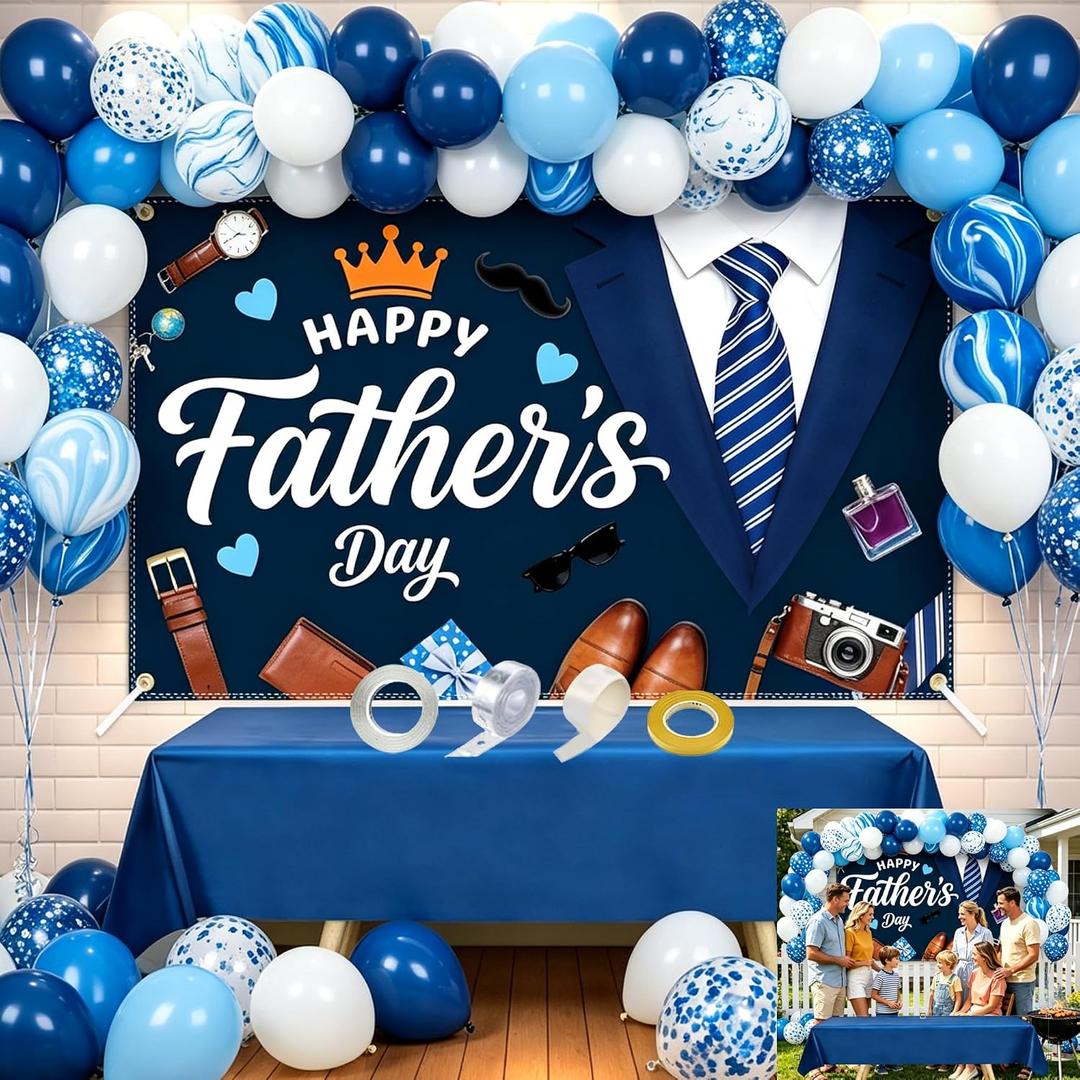 55PCS Fathers Day Decorations Kit – 6x4FT Happy Fathers Day Banner with 50 Balloons, Balloon Arch Strip & Ribbon, Fathers Day Party Photo Booth Backdrop for Indoor Outdoor Best Dad Ever Party Supplies