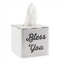 AuldHome Design White Tissue Box Cover; Enamelware Square Distressed Farmhouse Vintage Style Decor Tissue Holder (White With "Bless You")