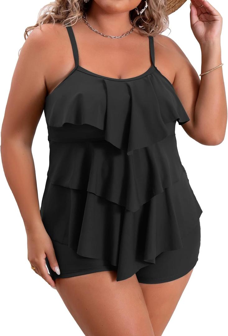 B2prity Women Plus Size Tankini Swimsuits Tummy Control Two Piece Bathing Suit Ruffled Flounce Swimwear with Shorts (Black)