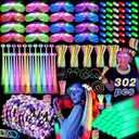 302 PCS Glow in the Dark Party Supplies, 20 LED Hair Clips Fiber Optic, 16 LED Glasses, 16 Foam Glow Sticks, 10 Light Up Flower Crowns, 40 Finger Lights,200 Glow Sticks for Glow Party Wedding Birthday