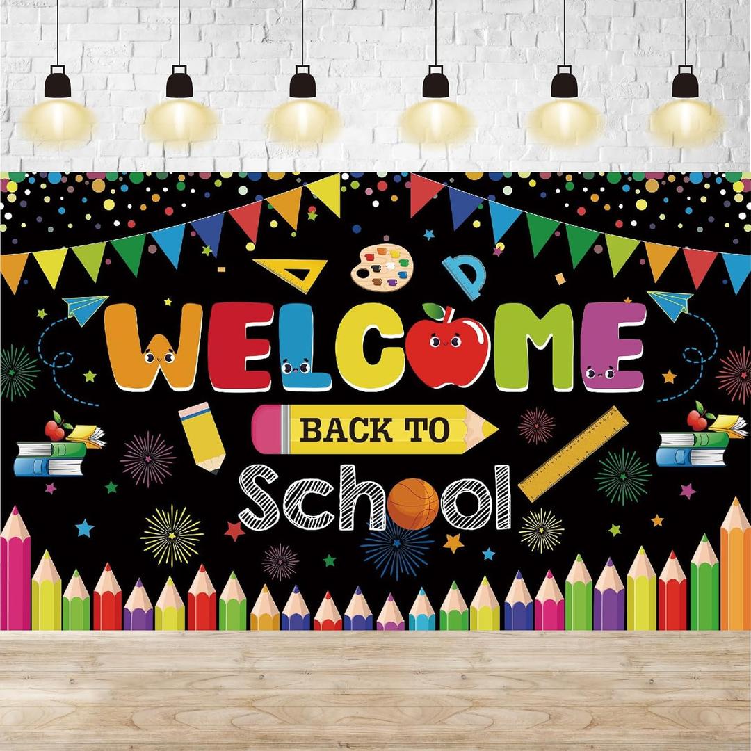 Welcome Back to School Banner Decorations: Colorful Large Back to School Backdrop for Classroom Kindergarten Elementary Pre-School Middle High School First Day Decor Supplies - Black
