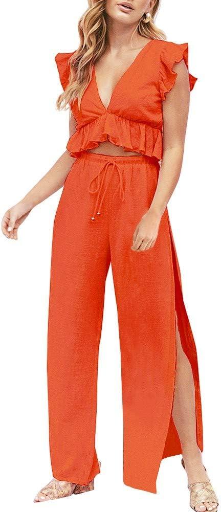 FANCYINN Womens 2 Pieces Outfits Deep V Neck Crop Top Side Slit Drawstring Wide Leg Pants Set Jumpsuits (Small, Orange)