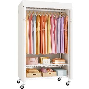 P6C Rolling Clothes Rack with Cover, Covered Clothing Racks Heavy Duty, Portable Closet for Hanging Clothes, Garment Racks on Wheels, White Closet Rack with White Cover, Max Load 365LBS