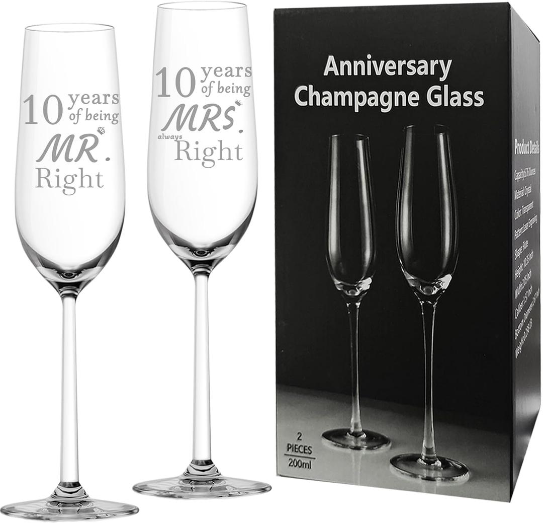 10 Year Anniversary Champagne Flutes Set of 2, 10th Anniversary Wedding Gift for Couple, Him, Her, Wife, Husband, Women, Men, 10th Anniversary Decorations Gift
