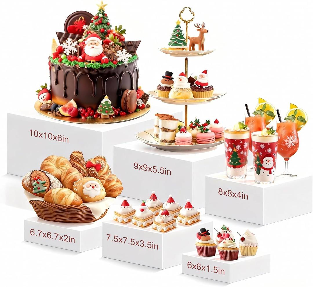 6 PCS Buffet Risers – Large White Acrylic Food Display Risers for Buffet Table, Catering & Dessert, Nesting Cube Boxes for Party, Christmas Buffet & Holiday Table Decor