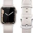 Leather Bands Compatible with Apple Watch 46mm 45mm 44mm 42mm(Series 1 2 3) Band Men Women, Vintage Genuine Leather Wristband Replacement Band Compatible for Apple Watch iwatch Series 10 9 8 7 6 5 4 SE2 SE (Ivory White/Silver)