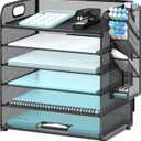 SUPEASY 6 Tier Desk Organizer with 4 Pen Holders, Mesh Paper Organizer Letter Tray with Handle, Desk Organizer Tray File Organizer for A4 File Folder, Black