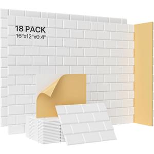 Acoustic Wall Panels, Peel and Stick Sound Absorbing Panel for Ceiling, Door, Pared, 18 Pack 16"x12"x0.4",Brick Pattern White Decorative Self Adhesive Wall Tiles for Recording Studio, Room