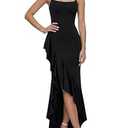 ZAFUL SPORTS Women's Sexy Ruffles Slit Formal Gown, Spaghetti Strap Bodycon Maxi Dress for Prom Party Wedding Guest,Black,XS
