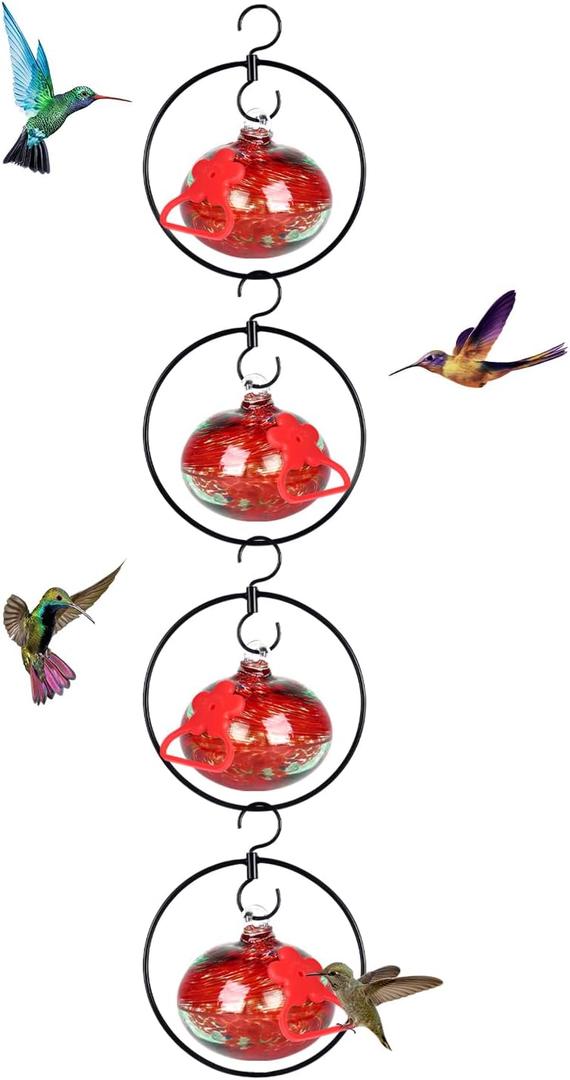 4 Pack Circular Hummingbird feeders for Outdoors Hanging,Hand Blown Glass Hummingbird Feeder with 4 Adjustable Silicone Perch,Never Leak,Gardening Gifts for Woman Man(Red)