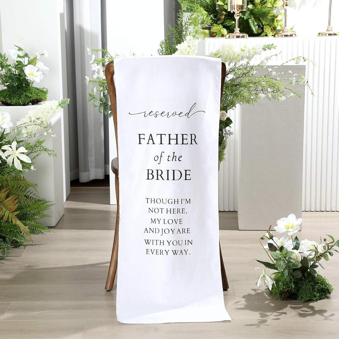 Father of the Bride Wedding Memorial Reserved Chair Sign Banner in Loving Memory of Parents Celebrating from Heaven Wedding Linen Memorial Sign Sympathy Gift for Loss Seat (White)