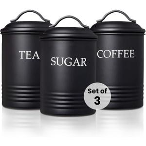 Kitchen Canister Set of 3 Sugar Coffee Tea with lids Food Storage, Black