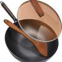 ANEDER Carbon Steel Wok Pan with Lid & Wood Spatula, 12.5" Cast Iron Stir Fry Pan with Flat Bottom and Wooden Handle for Electric, Induction and Gas Stoves